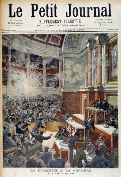 Anschlag im Abgeordnetenhaus. Explosion verursacht durch eine Bombe des Anarchisten Auguste Vaillant (1861-1894). in „Le Petite journal“, 23.12.1893 von Unknown artist
