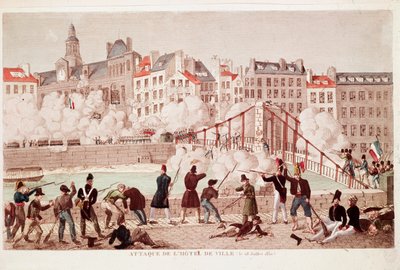 Angriff auf das Rathaus von Paris und die Schlacht an der Brücke von Arcola, 28. Juli 1830 (Gravur) von Unknown artist