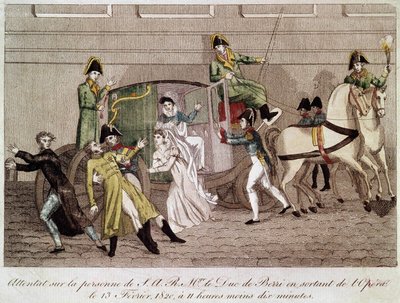 Angriff auf den Herzog von Berry durch Louis Pierre Louvel beim Verlassen der Oper am 13. Februar 1820 (Gravur des 19. Jahrhunderts) von Unknown artist