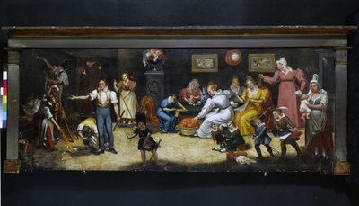 Au bon père de famille. Polsterer-Dekorateur-Schild. Rue Mouffetard, 5. Arrondissement, Paris, um 1825 von Unknown artist