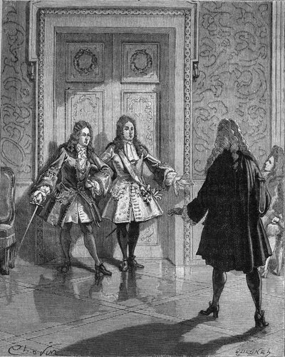 August 1718: Saint-Simon blockiert den Durchgang für den Herzog von Maine. Gravur des 19. Jahrhunderts. In „Histoire de France“ von Jules Michelet von Unknown artist