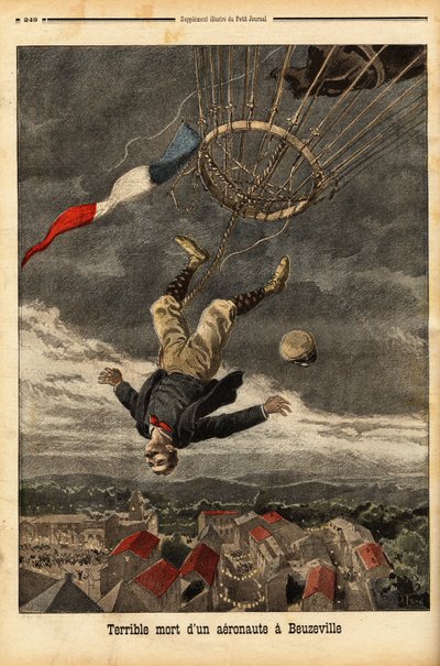 Ballonunfall in Beuzeville, nach einem Gasverlust verlor der Aeronaut die Kontrolle und fiel aus seinem Ballon, in den er ohne Gondel eingestiegen war. Gravur in „Le petit journal“ 30/7/1899. Selva-Sammlung von Unknown artist