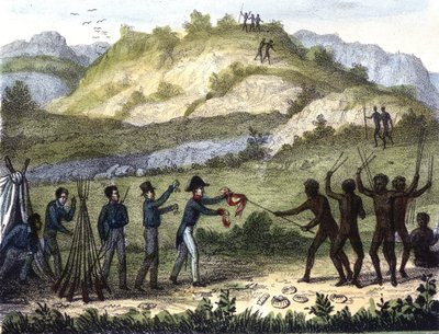 Tauschszene zwischen den Einheimischen und den Westlern nach „Razze e popoli della Terra“, Anfang des 19. Jahrhunderts von Unknown artist