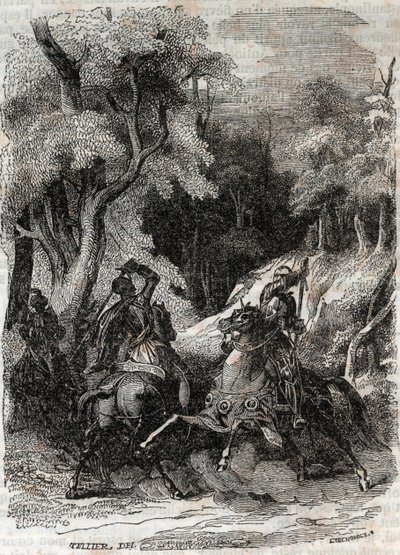 Kampf zwischen Roland und Ferragus - Gravur von 1851 aus „Roland der Rasende“ (Orlando furioso) (16. Jahrhundert) von Ludovico Ariosto, bekannt als der Ariosta - Ausgabe, übersetzt aus dem Italienischen von Graf von Tressan und veröffentlicht von Gustave H von Unknown artist