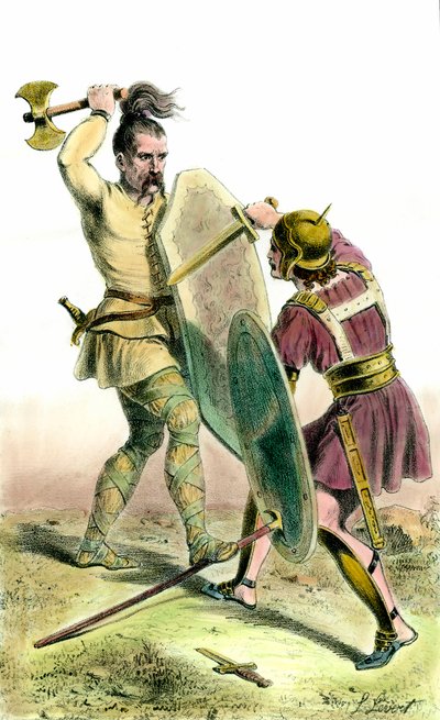 Kampf zwischen einem fränkischen Soldaten und einem römischen Soldaten. Gravur des 19. Jahrhunderts von Unknown artist