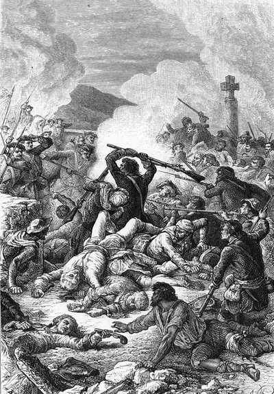 Schlacht von Ponte Novu in Korsika zwischen der französischen Armee unter der Führung von Comte de Vaux und korsischen Truppen von Pasquale Paoli, 9. Mai 1769. 19. Jahrhundert von Unknown artist
