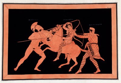 Schlacht der Amazonen Hyppolyte und Deinomache gegen Theseus - „Gemälde antiker Vasen, allgemein etruskisch genannt“, aus verschiedenen Sammlungen und graviert von A. Clener, begleitet von Erklärungen von A.L. Millen. Von Dubois-Maisonneuve. Bibliothek von von Unknown artist
