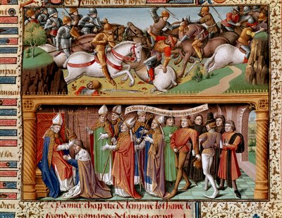 Kampfszene und Krönung von Kaiser Lothar II. von Supplinburg (oder Lothar III. des Heiligen Römischen Reiches) (1075-1137). Miniatur in „Le miroir historial“ (Speculum Historiale) (ms. 1196 fol. 245 r.) von Vincent de Beauvais von Unknown artist