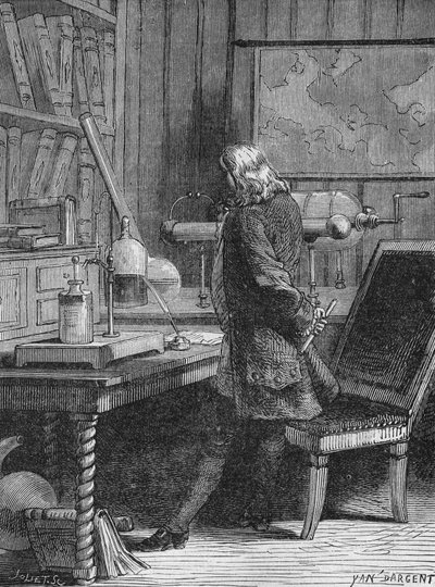 Benjamin Franklin in seinem Physiklabor in Philadelphia. In „Album de la Science“, Éditions Jouvet. von Unknown artist