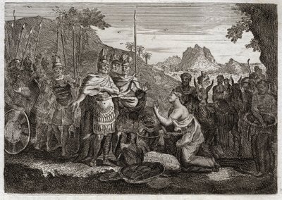 Bibel von Royaumont, Altes Testament: Abigail. Abigail, Nabals Frau, besänftigt Davids Zorn mit ihrer Weisheit. Illustration von 1811. von Unknown artist