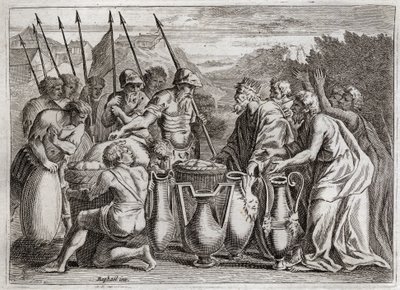 Bibel von Royaumont, Altes Testament: Abraham befreit Lot. Abraham rettet Lot, seinen Neffen, aus den Händen der Feinde. Der Hohepriester Melchisedech segnet. Der König von Sodom bot ihm an von Unknown artist