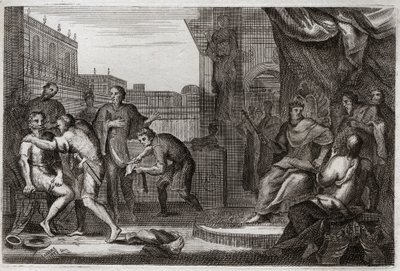 Bibel von Royaumont, Altes Testament: Botschafter Davids. David schickte Joab gegen die Ammoniter, um sich für die Beleidigung zu rächen, die Hanon, ihr Prinz, seinen Botschaftern angetan hatte, die er für Spione hielt. Illustration von 1811. von Unknown artist