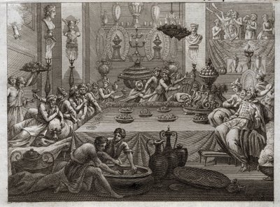 Bibel von Royaumont, Altes Testament: Balthasar verurteilt. König Balthasar (Belshazzar) sieht am Tisch eine Hand, die in drei Worten das Ende seines Urteils schreibt. Illustration von 1811. von Unknown artist