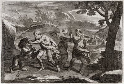 Bibel von Royaumont, Altes Testament: Geburt von Samson. Samson zerreißt einen Löwen in Stücke. Illustration von 1811. von Unknown artist