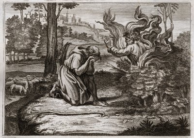Bibel von Royaumont, Altes Testament: Der brennende Dornbusch. Gott spricht zu Mose aus der Mitte eines brennenden Dornbuschs. Illustration von 1811. von Unknown artist