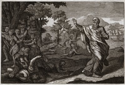 Bibel von Royaumont, Altes Testament: Kinder werden von Bären verschlungen. Kinder, die sich über Elises Kahlheit lustig machen, werden von Bären zerrissen. Illustration von 1811. von Unknown artist