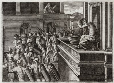 Royaumont-Bibel, Altes Testament: Verbrechen Davids oder Bathseba im Bad. David sah Bathseba von weitem, die Frau des Hethiters Uria (oder Uria der Hethiter), beim Baden und begehrte sie, und tötete dann ihren Mann Uria. Illustration von 1811. von Unknown artist