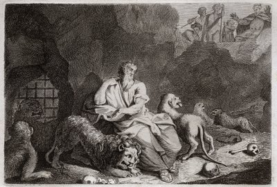 Bibel von Royaumont, Altes Testament: Daniel in der Löwengrube. Daniel wird in die Löwengrube geworfen und überlebt auf wundersame Weise. Illustration von 1811. von Unknown artist
