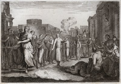 Royaumont-Bibel, Altes Testament: David tanzt vor der Bundeslade. David, der beschlossen hat, die Lade ein zweites Mal zu sich nach Hause zu bringen, lässt sie von Leviten tragen und begleiten, um einen Unfall wie den von Oza zu vermeiden. Er tanzt vor von Unknown artist