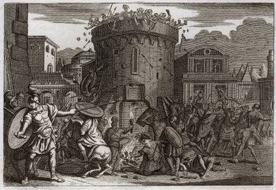 Bibel von Royaumont, Altes Testament: Tod von Abimelech. Abimelech wird von einer Frau getötet, die ihn mit einem Stein erschlägt. Illustration von 1811. von Unknown artist