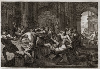 Bibel von Royaumont, Altes Testament: Tod von Amnon. Absalom (oder Avshalom, Absalon) versöhnt sich mit David und zwingt seinen Bruder Amnon (Ammon) bei einem Fest zur Flucht. David ist gezwungen, aus Jerusalem zu fliehen, und erträgt diese Verfolgung mit  von Unknown artist