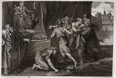 Bibel von Royaumont, Altes Testament: Tod von Eleasar. Der alte heilige Eleasar wird auf Befehl von Antiochos IV. Epiphanes (175-164 v. Chr.) getötet, weil er sich weigerte, verbotene Speisen zu essen. Illustration von 1811. von Unknown artist