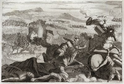 Bibel von Royaumont, Altes Testament: Tod des Judas. Niederlage von Demetrios I. Soter und Nikanor. Tod von Judas Makkabäus in der Schlacht. Illustration von 1811. von Unknown artist