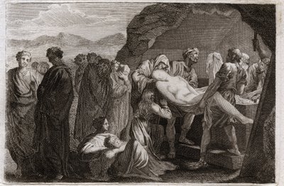 Royaumont-Bibel, Altes Testament: Tod von Sara. Sara (Sarah) stirbt. Abraham kauft ein Grab in der Stadt Geth, um sie zu begraben. Illustration von 1811. von Unknown artist