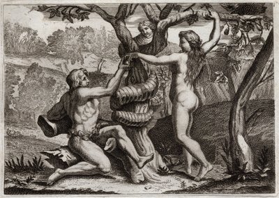 Bibel von Royaumont, Altes Testament: Der Sündenfall. Der Dämon in Gestalt einer Schlange spricht zu Eva und verführt sie, die verbotene Frucht zu essen: Eva fällt und verführt auch Adam. Illustration von 1811. von Unknown artist