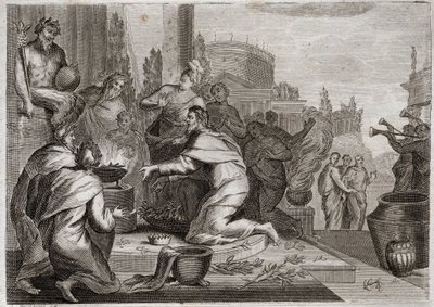 Bibel von Royaumont, Altes Testament: Fall Salomos. Salomo wird von Frauen verführt und opfert den Götzen der falschen Götter Weihrauch. Sein Tod. Illustration von 1811. von Unknown artist