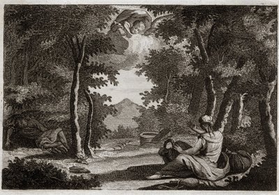 Royaumont-Bibel, Altes Testament: Flucht von Hagar. Hagar erhebt sich gegen Sara, ihre Herrin. Sara bestraft ihre Unverschämtheit mit Strenge. Hagar kann es nicht ertragen und flieht aus dem Haus in die Wüste, wo ein Engel zu ihr spricht, um sie zurückzubr von Unknown artist