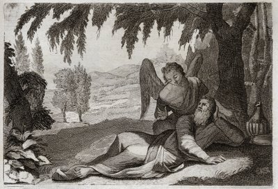 Royaumont-Bibel, Altes Testament: Flucht des Elia. Elia flieht vor dem Zorn Isebels, die sich für den Tod ihrer falschen Propheten rächen wollte, und wird in der Wüste von einem Engel unterstützt, der ihm Nahrung bringt. Illustration von 1811. von Unknown artist