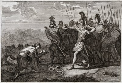 Bibel von Royaumont, Altes Testament: Kopf von Saul. Die Philister freuen sich über Sauls Tod und bieten seinen Kopf ihrem Götzen an. David bedauert den Tod und geht nach Judäa, wo er in Hebron als König anerkannt wird. Illustration von 1811. von Unknown artist