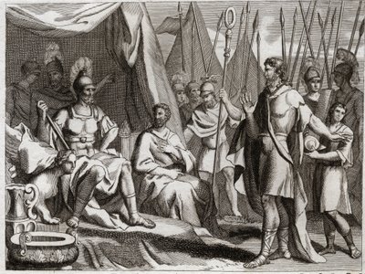 Bibel von Royaumont, Altes Testament: Holofernes. General der Armee von Nebukadnezar II., Holofernes nähert sich Judäa. Ahior, König der Ammoniter, der ihm entgegenkam, erhebt vor Holofernes die Macht des Gottes der Juden. Illustration von 1811. von Unknown artist