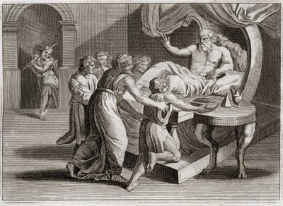 Bibel von Royaumont, Altes Testament: Isaak segnet Jakob. Isaak, der Esau segnen wollte, gibt seinen Segen durch die Weisheit Rebekkas an Jakob, dem er nach dem Plan Gottes gehörte. Illustration von 1811. von Unknown artist