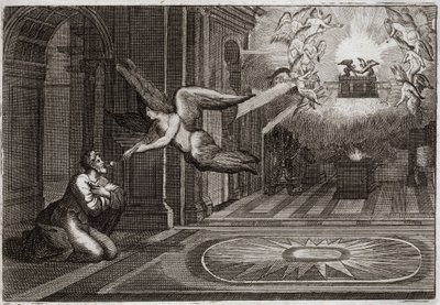 Bibel von Royaumont, Altes Testament: Jesaja der Prophet. Ein Seraphin nahm mit seiner Zange eine glühende Kohle vom Altar und berührte die Lippen dieses heiligen Propheten, um ihn von allen seinen Flecken zu reinigen. Illustration von 1811. von Unknown artist