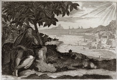 Bibel von Royaumont, Altes Testament: Efeu verdorrt. Gott zeigt seinem Propheten Jonas anhand eines anschaulichen Beispiels, wie sehr er die Menschen liebt und wie viel Schmerz er empfindet, wenn er sie bestrafen muss. Illustration von 1811. von Unknown artist
