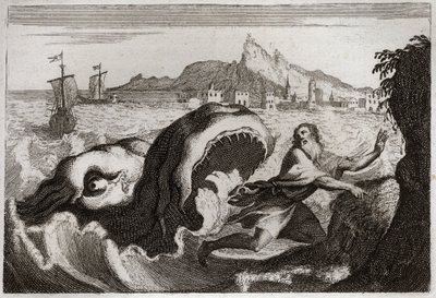 Royaumont-Bibel, Altes Testament: Jona im Wal. Der Prophet Jona lebt in einem Wal und kommt lebend heraus. Illustration von 1811. von Unknown artist