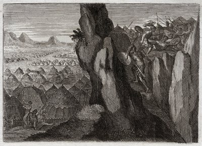 Bibel von Royaumont, Altes Testament: Jonathan und sein Knappe. Jonathan, der Sohn von König Saul, geht allein mit seinem Knappe ins Lager der Philister und schlägt sie in die Flucht. Illustration von 1811. von Unknown artist