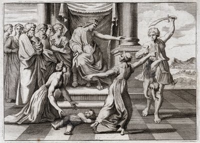 Bibel von Royaumont, Altes Testament: Urteil Salomos. Salomos berühmtes Urteil zwischen zwei Frauen, um zu erkennen, welche der beiden die Mutter eines Kindes ist, das beide als ihr eigenes beanspruchen. Illustration von 1811. von Unknown artist