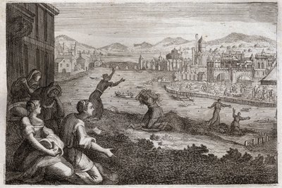 Bibel von Royaumont, Altes Testament: Hebammen von Ägypten. Der Pharao lässt die männlichen Kinder der Israeliten in den Nil werfen. Illustration von 1811. von Unknown artist