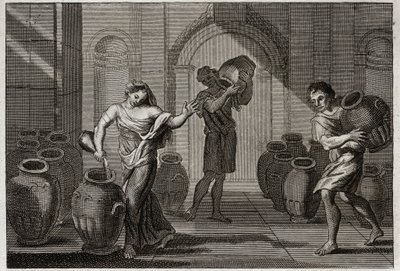 Bibel von Royaumont, Altes Testament: Wunder von Elise. Eine von ihren Gläubigern gequälte Witwe nutzt Elises Wohltätigkeit, dieser Prophet befiehlt ihr, viele Gefäße von ihren Nachbarn zu leihen, die sie mit Öl füllt, das sie noch übrig hatte. Illustratio von Unknown artist