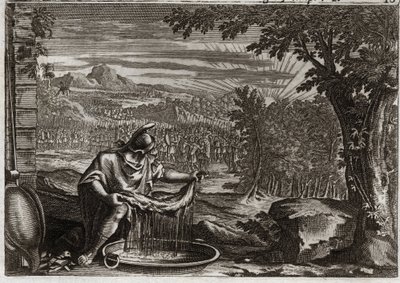 Bibel von Royaumont, Altes Testament: Das Wunder des Vlieses. Gedeon (Gideon) erhielt von Gott das Wunder des Vlieses als Beweis, dass er ihn auserwählt hatte und dass er ihn zum Befreier seines Volkes machen würde. Illustration von 1811. von Unknown artist