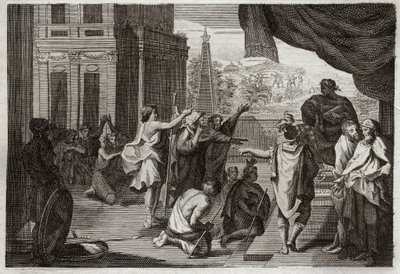 Bibel von Royaumont, Altes Testament: Mose vor dem Pharao. Mose bittet den Pharao, die Hebräer in die Wüste ziehen zu lassen, um dem Herrn zu opfern. Illustration von 1811. von Unknown artist