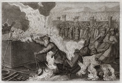Bibel von Royaumont, Altes Testament: Nadab und Abiu. Nadab (Nadav) und Abiu (Abihou), die Söhne Aarons, die ein fremdes Feuer in ihren Räucherwerken entzündeten, um Gott Weihrauch darzubringen, wurden im Tabernakel selbst verbrannt. Illustration von 1811. von Unknown artist