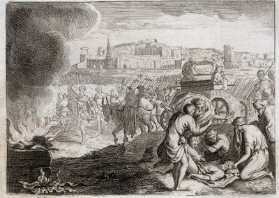 Royaumont-Bibel, Altes Testament: Oza wird von Gott geschlagen. David will die Bundeslade nach Hause bringen. Oza starb, als er seine Hand darauf legte, um sie vor dem Fallen zu bewahren. Illustration von 1811 von Unknown artist