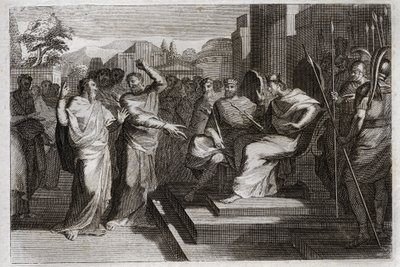 Royaumont-Bibel, Altes Testament: Frömmigkeit von Josaphat. Josaphat, der frommste König von Juda, lässt alle Fürsten um ihn herum erzittern und zeigt auf verschiedene Weise seine Frömmigkeit gegenüber Gott, was ihn siegreich über seine Feinde machte. Illu von Unknown artist