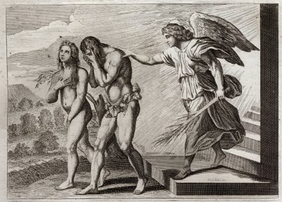 Royaumont-Bibel, Altes Testament: Bestrafung von Adam. Gott vertreibt Adam und Eva aus dem Paradies nach ihrem Fall und stellt einen Cherubim an die Tür, um ihren Eintritt zu verteidigen. Illustration von 1811. von Unknown artist