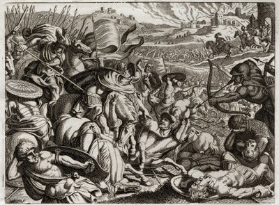 Bibel von Royaumont, Altes Testament: Bestrafung der Benjamiten. Der Stamm Benjamin wird ausgerottet. Illustration von 1811. von Unknown artist
