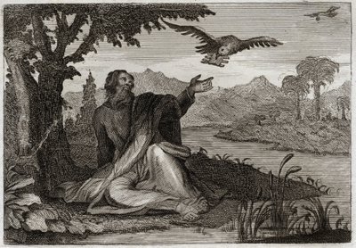 Bibel von Royaumont, Altes Testament: Raben des Elija. Gott schlug die Erde mit einer dreijährigen Dürre und schickte den Propheten Elija an einen Bach, wo ihm zwei Raben Nahrung brachten. Illustration von 1811. von Unknown artist